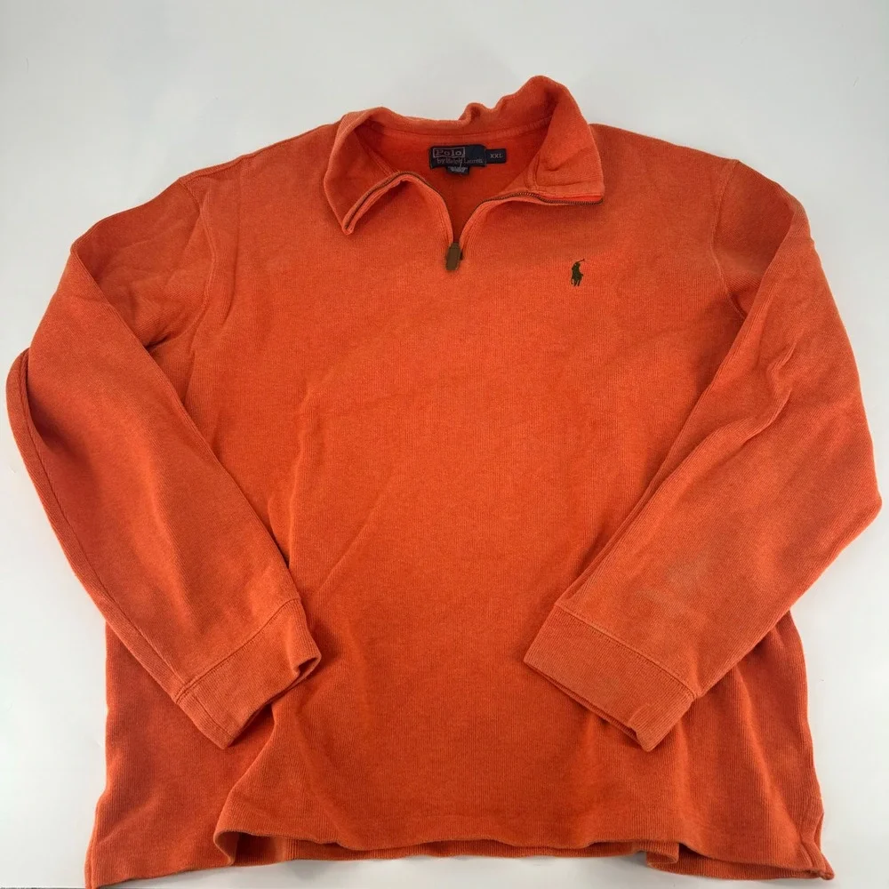 Polo Ralph Lauren Mens XXL Orange 1/4 Zip Cotton Ribbed Pullover‎ Sweater Pony